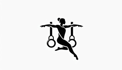 A silhouette of a gymnast gracefully performing on rings is depicted in the center. The figure exhibits a dynamic pose with arms and legs extended, emphasizing strength and balance.AI
