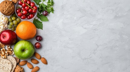 Healthy food ingredients on grey background