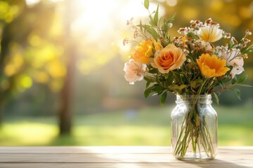 Fototapeta premium Seasonal floral arrangement in a vase on wooden table soft daylight eye level view nature and serenity