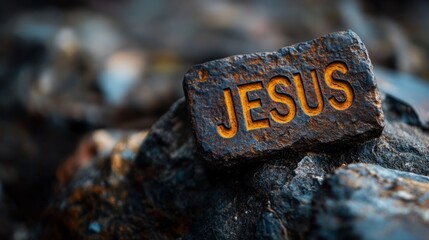 The name "Jesus" carved into a rock, standing out with solidity and permanence. The name "JESUS" conveying a message of faith.