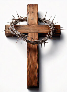 crown of thorns wooden the cross isolatef on white