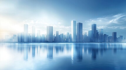 Obraz premium City skyline reflects on calm water with blue hues and soft clouds during dawn in an urban setting