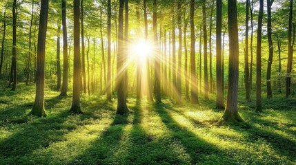 Fototapeta premium Sunlight Streams Through Dense Green Forest Illuminating Nature's Beauty
