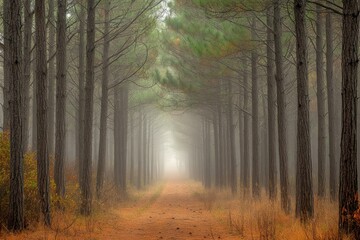 Obraz premium Serene Misty Pathway Through Tall Pine Trees in a Foggy Forest Landscape in Early Morning Light