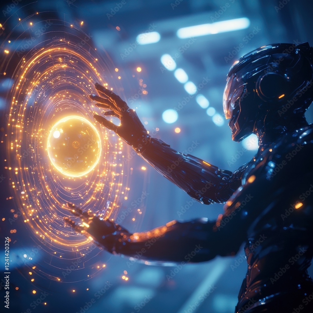 Poster Futuristic robot interacting with glowing orb sci-fi setting digital art -tech environment close-up viewpoint