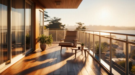 Fototapeta premium Midcentury modern design of Balcony in the morning, cinematic photography