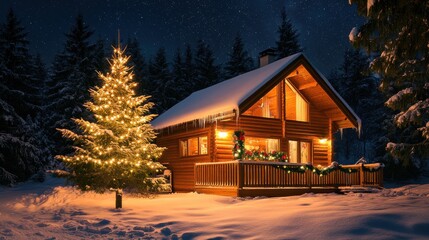 Cozy winter cabin with christmas tree snowy forest nighttime scene warm glow tranquil atmosphere