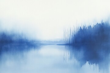 Serene Blue Landscape with Mist and Reflections on a Calm Water Surface