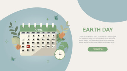 Earth Day Web Banner with April Calendar. Earth Day calendar with April 22nd highlighted, decorative butterflies, and minimalist botanical elements. Vector illustration