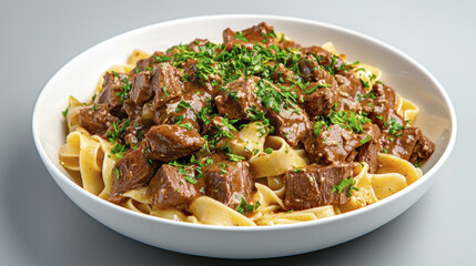 Delicious beef stroganoff served over egg noodles, garnished with fresh herbs