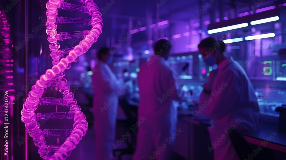 Poster Colorful Laboratory Scene with DNA Helix and Scientists Working