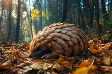 Pangolin curled up on dark forest floor among fallen leaves in a serene setting