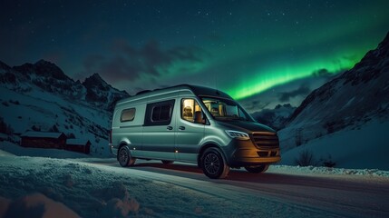 Winter adventure under the northern lights in a silver camper van surrounded by snow-capped mountains