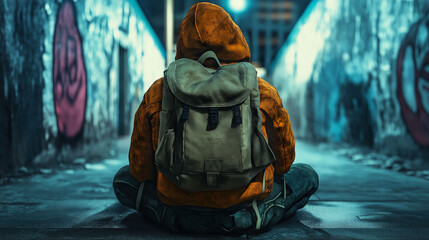 Homelessness poverty housing. Crisis human rights. A young homeless person depicted in a detailed 3D render.