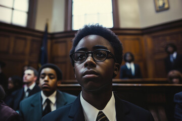 Generative AI depiction of a child in a courtroom setting during a legal hearing proceeding