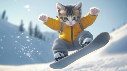 Cat snowboarding in the mountains during winter, showcasing impressive skills and playful energy in a vibrant setting