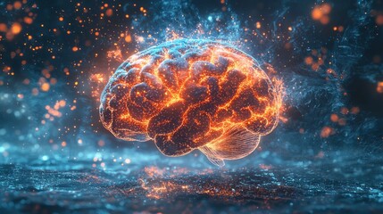 A glowing brain pulsates with dynamic energy, surrounded by a mesmerizing dark atmosphere filled with shimmering particles. This captivating visual evokes thoughts on creativity and intelligence
