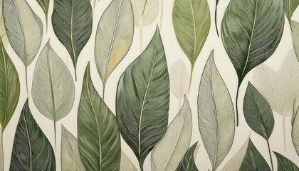 Fototapeta premium detailed graphic illustration of green leaves with intricate line work on light background, perfect for nature inspired decor