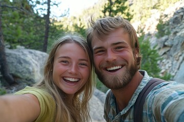 Fototapeta premium Happy couple enjoying nature during a sunny day in a scenic outdoor mountain landscape