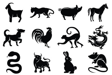 Chinese zodiac animals set.Chinese New Year horoscope animals. China zodiac calendar logo, asian lunar astrology signs. Vector illustration. 
