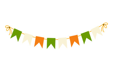 Obraz premium Garland of colored paper flags on a rope in colours Irish flag. Festive decoration. Decorative element for St. Patrick's Day. 