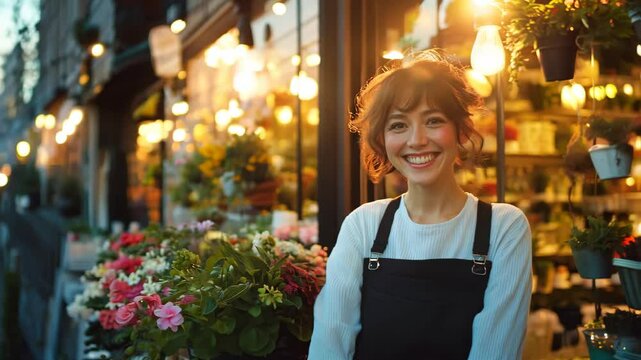 Cheerful woman florist smiling amidst vibrant flower shop at golden hour