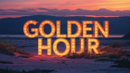 Bright Neon Sign Illuminating Golden Hour Landscape at Sunset