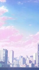 Obraz premium Pink sky over city skyline, calm morning, urban background, phone wallpaper