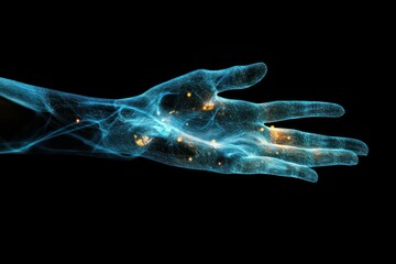 Fototapeta premium Glowing Hand with Light Particles on Black Background in Futuristic Conceptual Design