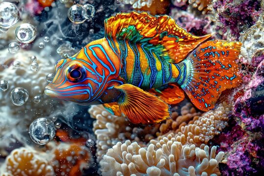 Neon mandarinfish swimming among coral with bubbles in ambient ocean light