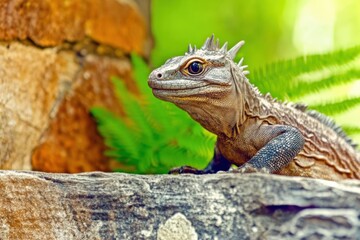 Fototapeta premium Tuatara basking on sunlit rock with ferns in the background during golden hour