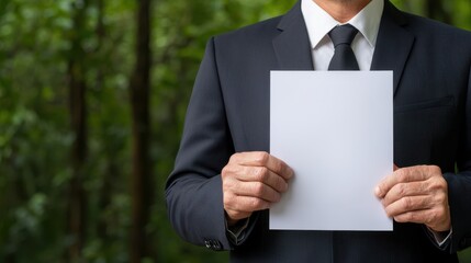 Businessman Holding Blank Paper in Forest Background for Presentation