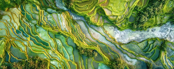Obraz premium Aerial view of vibrant, terraced rice fields at sunset