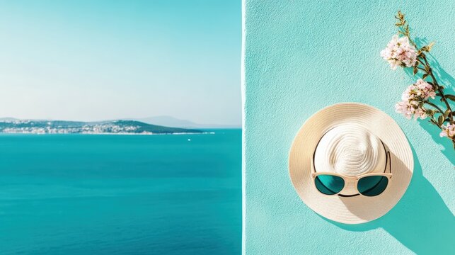 Flat Lay of Spring Accessories &mdash; Hats, Sunglasses, and Flowers, Bright and Cheerful Color Scheme, Stylish Composition, Copy Space