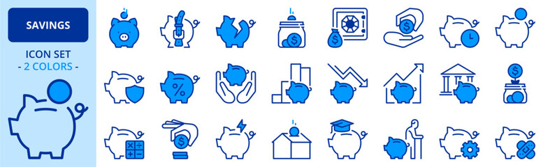 Icons in two colors about savings. Financial concept.