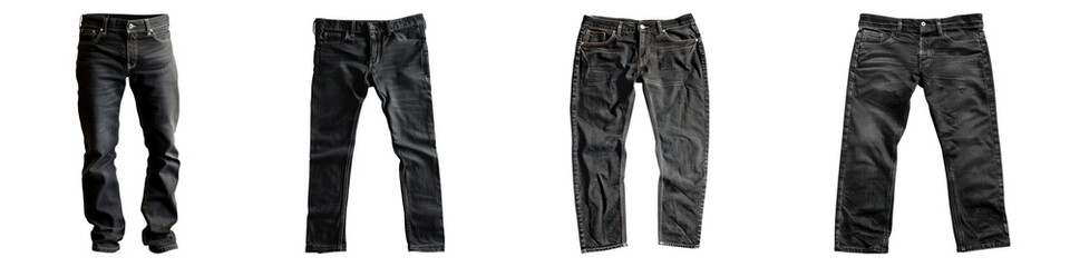 Black jeans trouser isolated on transparent background, PNG, Set of