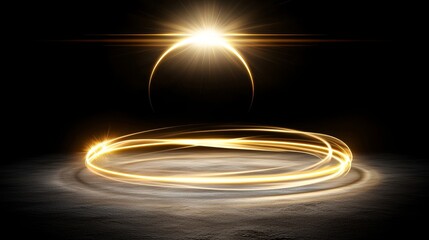 An abstract ring background adorned with a luminous swirling backdrop. The scene features a glowing spiral and energy flow tunnel, encased within a shiny round frame with light circle effects. A