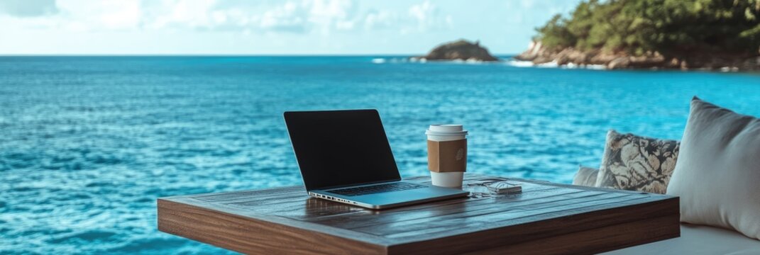 Laptop and coffee with ocean view outdoor workspace.