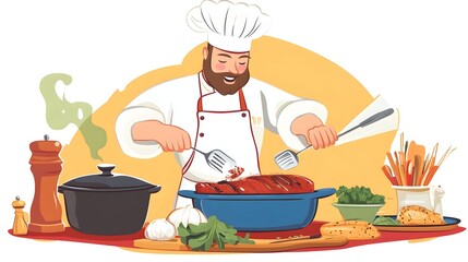 A professional chef in a white uniform and hat carefully prepares a flavorful dish with various fresh ingredients and culinary tools in a modern kitchen setting
