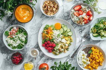 Healthy breakfast with vegetables, avocado, and egg.