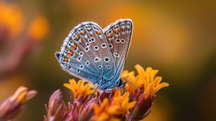 Naklejka premium Vibrant azure butterfly delicately perched on bright orange wildflowers in morning light