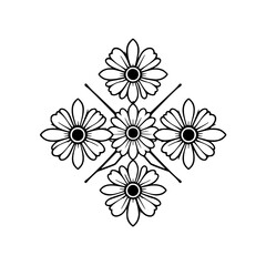 Elegant Black and White Floral Design: Symmetrical Daisies Pattern, Botanical Line Art, Simple Nature Illustration