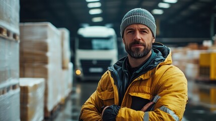 Warehouse worker in yellow jacket standing confidently with arms crossed in distribution center