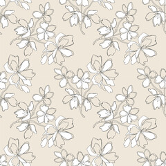 Flowers doodle pattern, stylized contour abstract drawing, outline sketch, on beige background.