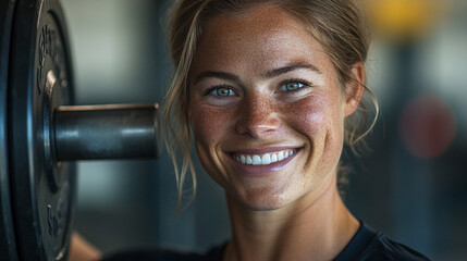 Obraz premium Smiling young woman lifting weights in gym showing determination, strength, and fitness with focused expression during workout session