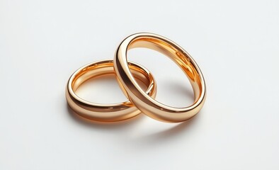 Gold wedding rings on white, simple background; engagement