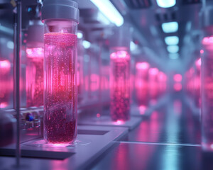 Glowing pink liquid in laboratory vials under bright lights