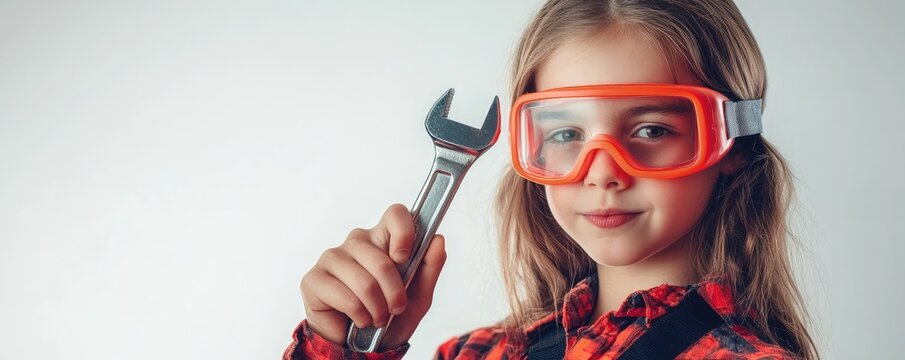 Girl in goggles holding wrench standing against white wall