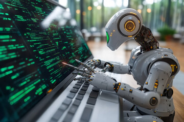 Obraz premium robotic arm skillfully writing on digital screen, showcasing advanced technology and innovation in automation. scene reflects futuristic workspace