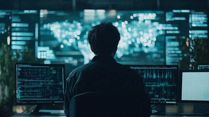 Person Working on Multiple Computer Screens in a Dark Office with Futuristic Data Display